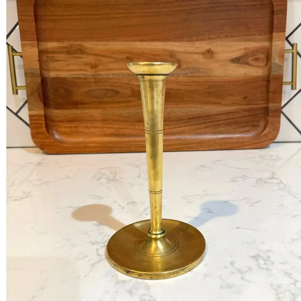 antique vintage brass candlestick holder classic turned, tapered stem wide base